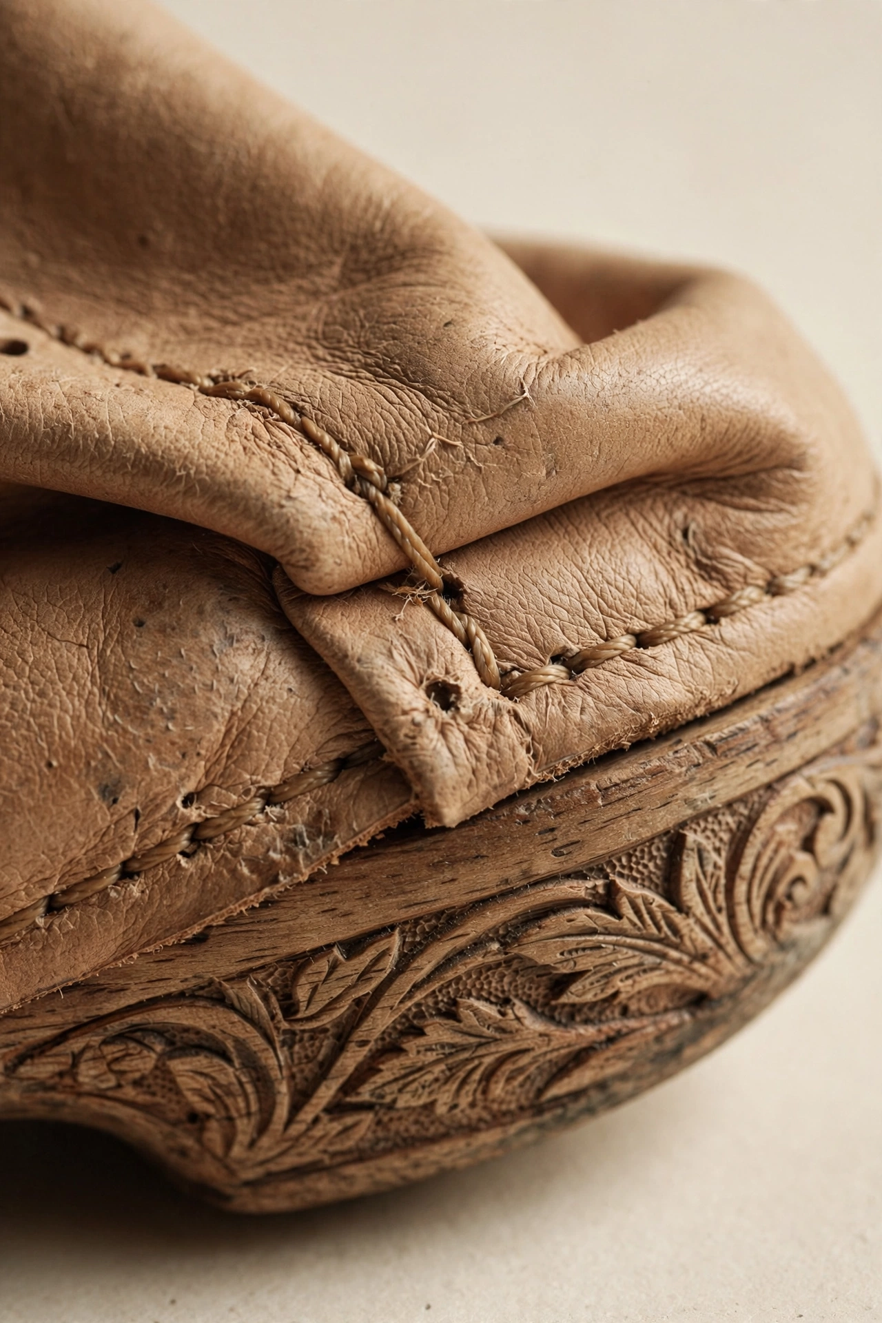 Detail jahitan tangan kulit tan nabati